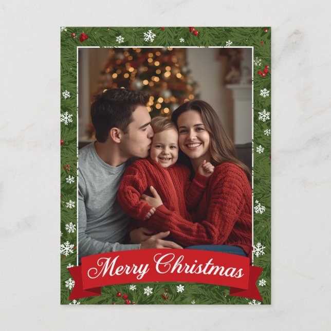 Personalized Family Photo Christmas Greenery Holiday Postcard (Front)