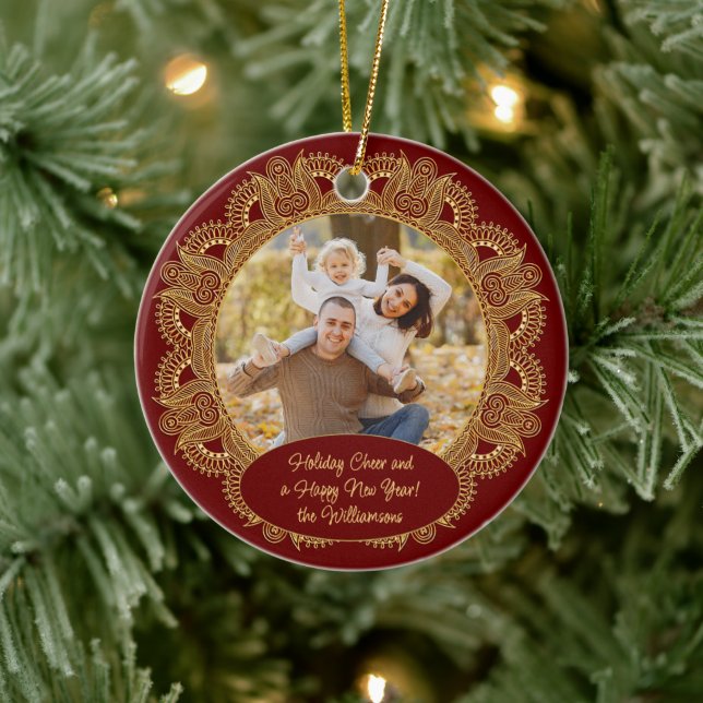 Personalized Family Photo Christmas Greeting Ceramic Ornament (Tree)