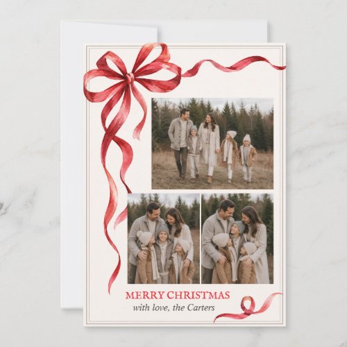 Personalized Family Photo Christmas Red Bow Card