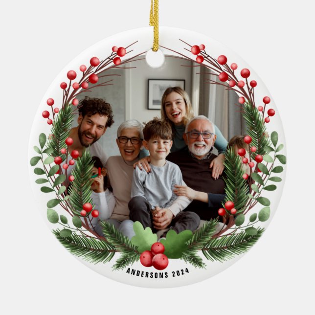 Personalized Family Photo Christmas Wreath Ceramic Ornament (Back)