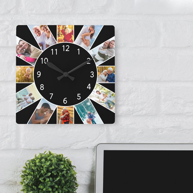 Personalized Family Photo Collage Black Square Wall Clock (Brighten up your home or office with a stylsh photo clock in modern black and white)