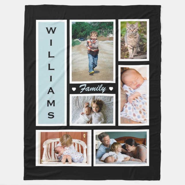 Personalized Family Photo Collage Black White Fleece Blanket (Front)