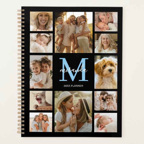 Personalized Family Photo Collage Blue Monogram Planner