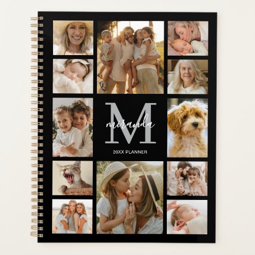 Personalized Family Photo Collage Gray Monogram Planner