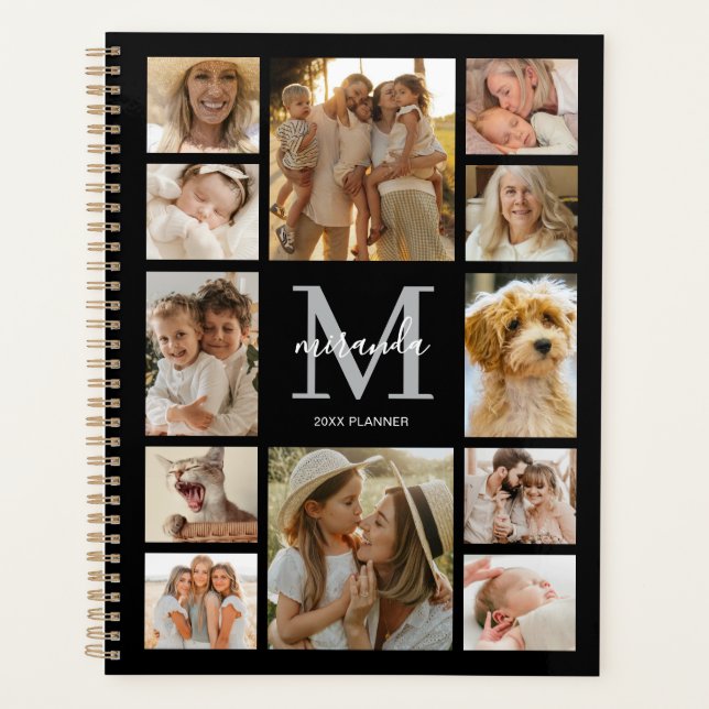 Personalized Family Photo Collage Gray Monogram Planner (Front)
