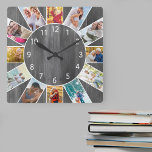 Personalized Family Photo Collage Grey Wood Square Wall Clock<br><div class="desc">Personalized square photo clock with your own favorite photos. The photo template is set up ready for you to add 12 of your pictures working clockwise from the top. This modern grey wood design has white numbers and will look great with contemporary or country decor. For this design, square instagram...</div>