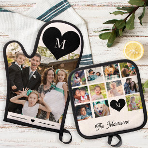 Personalized family photo collage name monogram oven mitt & pot holder set
