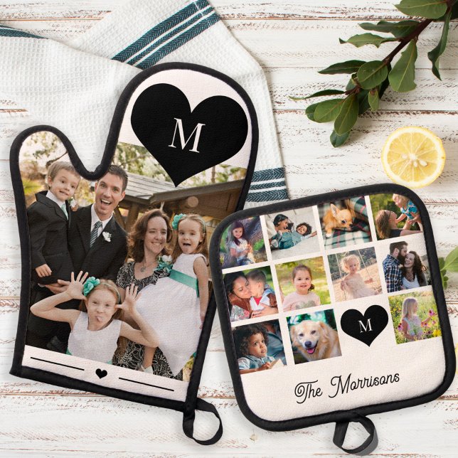 Personalized family photo collage name monogram oven mitt & pot holder set (Creator Uploaded)