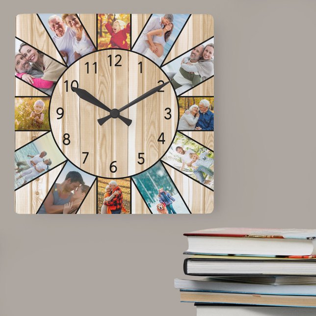 Personalized Family Photo Collage Pine Wood Square Wall Clock (Photo clock with 12 photos, one at each hour. Great design for your home or a thoughtful photo gift.)