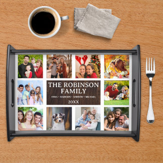 Personalized Family Photo Collage, Rustic Wood Serving Tray
