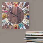 Personalized Family Photo Collage Warm Brown Wood Square Wall Clock<br><div class="desc">Personalized square photo clock with your own favorite photos. The photo template is set up ready for you to add 12 of your pictures working clockwise from the top. This warm brown wood design has white numbers and will look great with traditional and country decor. For this design, square instagram...</div>