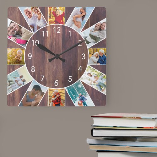 Personalized Family Photo Collage Warm Brown Wood Square Wall Clock