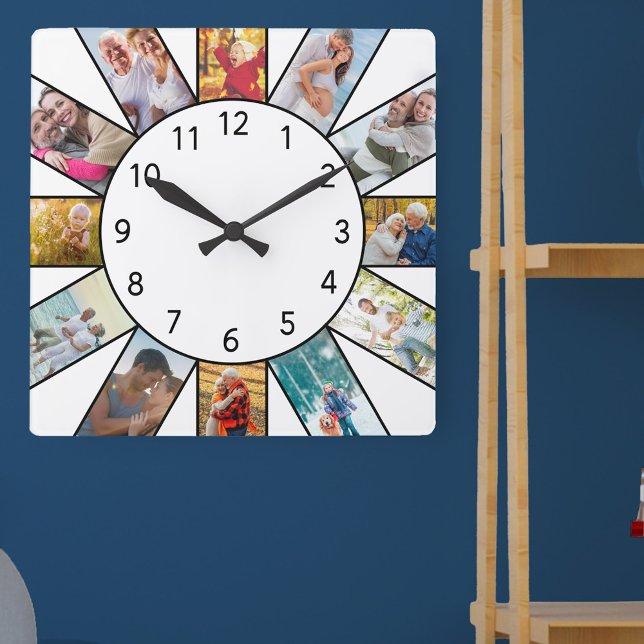 Personalized Family Photo Collage White Square Wall Clock (Photo clock with 12 photos, one at each hour. Great design for your home or a thoughtful photo gift.)