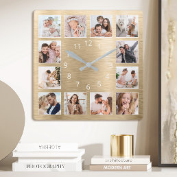 Personalized Family Photo Elegant Gold Square Wall Clock