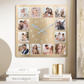 Personalized Family Photo Elegant Gold Square Wall Clock