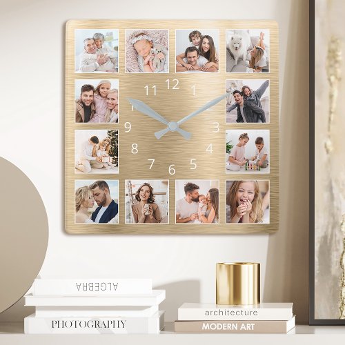 Personalized Family Photo Elegant Gold Square Wall Clock