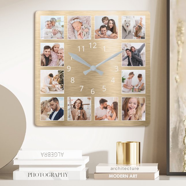 Personalized Family Photo Elegant Gold Square Wall Clock (Creator Uploaded)