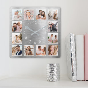 Personalized Family Photo Elegant Silver Square Wall Clock