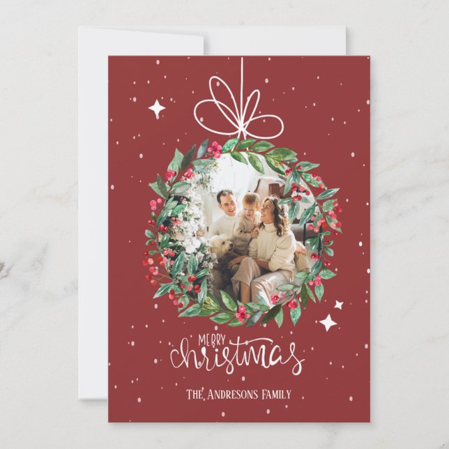 personalized family photo garland red christmas holiday card (Front)