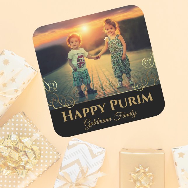 Personalized Family Photo Gold Hebrew Happy Purim  Square Sticker (Creator Uploaded)