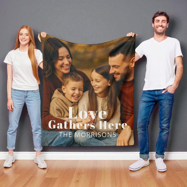 Personalized Family Photo Love Gathers Here Fleece Blanket (Creator Uploaded)