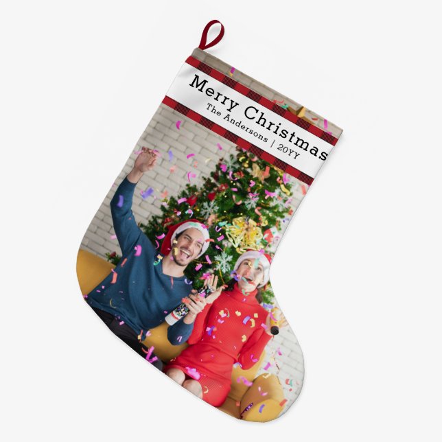 Personalized Family Photo & Name Elegant Large Christmas Stocking (Front (Hanging))