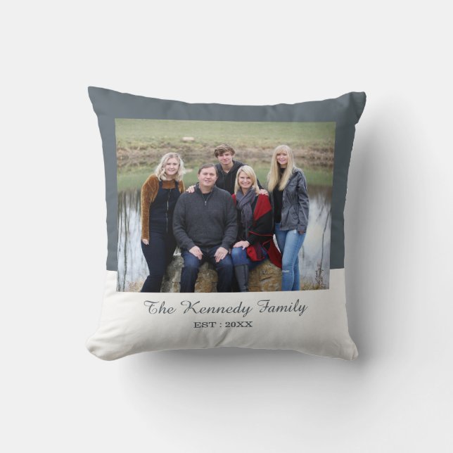 Personalized Family Photo Name Gray And White Throw Pillow (Front)