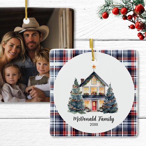 Personalized Family Photo Name Navy Red Christmas Ceramic Ornament