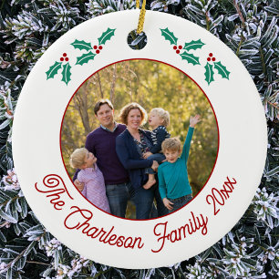 Personalized Family Photo Name Year Holly Ceramic Ornament