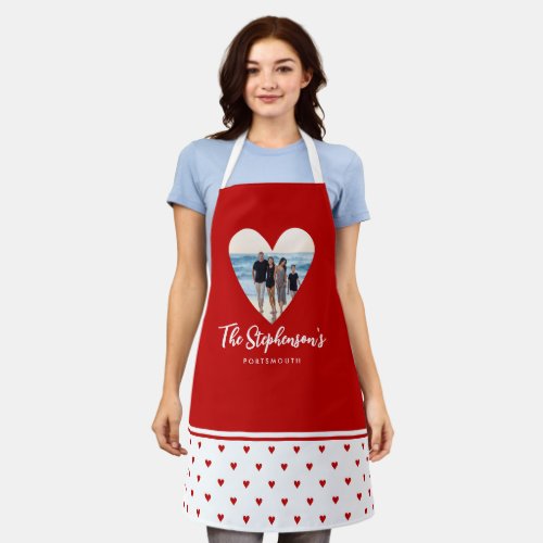 Personalized Family Photo Red Heart Frame Modern A Apron