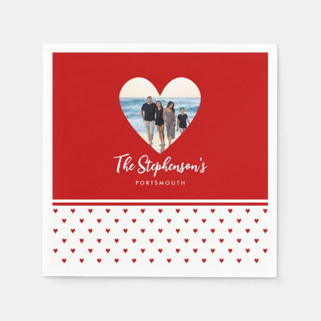 Personalized Family Photo Red Heart Frame Modern A Napkins (Front)