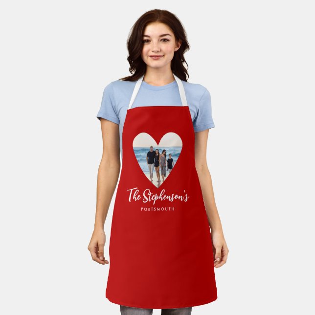 Personalized Family Photo Red Heart Frame Modern Apron (Worn)