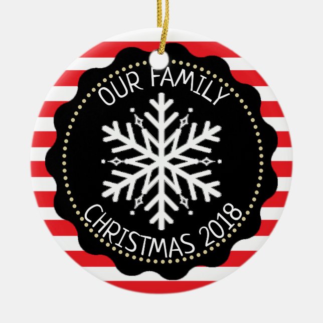 Personalized Family Photo Red White Snowflake Ceramic Ornament (Front)