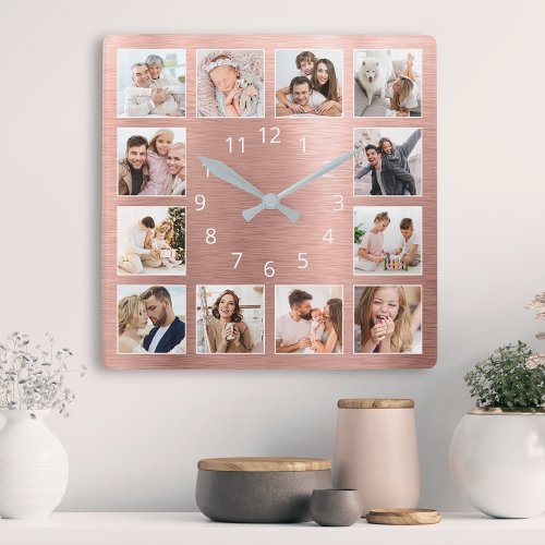 Personalized Family Photo Rose Gold Elegant Square Wall Clock
