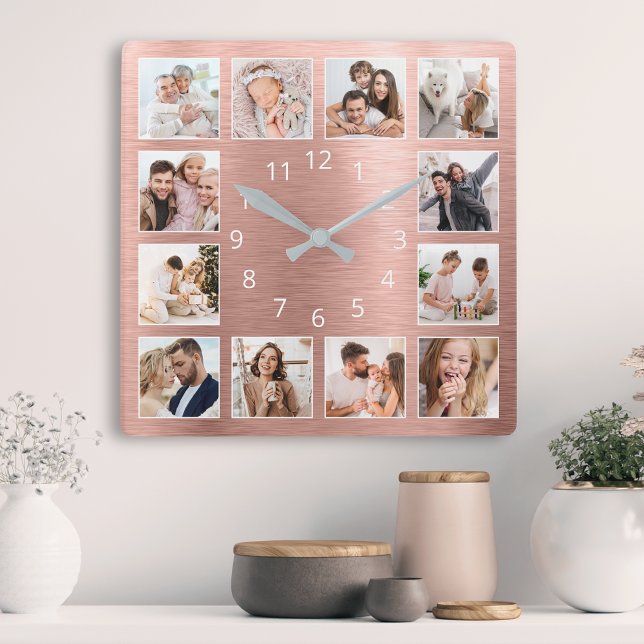 Personalized Family Photo Rose Gold Elegant Square Wall Clock (Creator Uploaded)