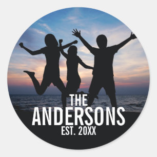 Personalized Family Photo with Family Name Classic Round Sticker