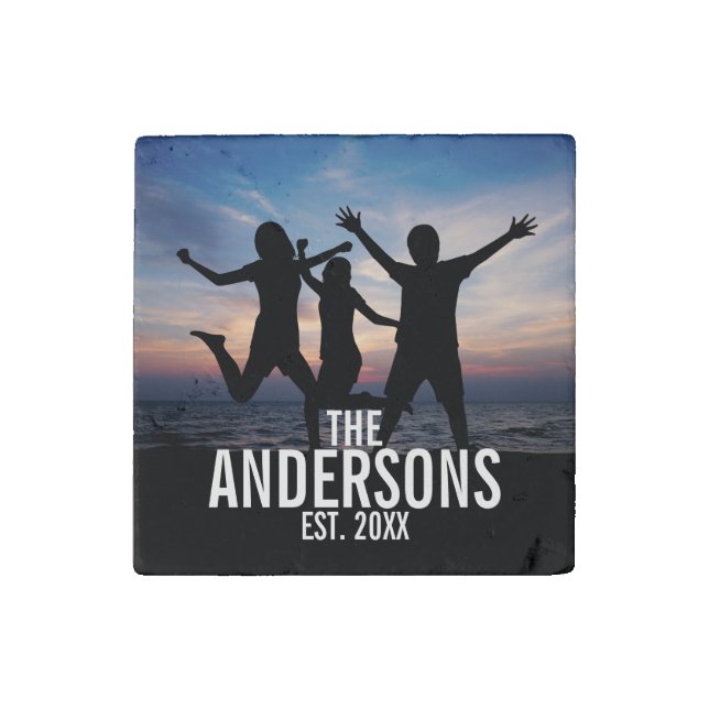 Personalized Family Photo with Family Name Stone Magnet (Front)