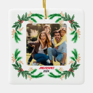 Personalized Family Photo with Holly Border Ceramic Ornament