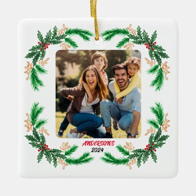 Personalized Family Photo with Holly Border Ceramic Ornament (Front)