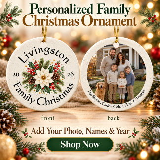 Personalized Family Photo with White Poinsettia Ceramic Ornament