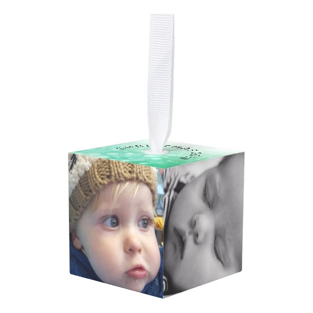Personalized Family Photos Cube Christmas Cube Ornament (Front Angled)