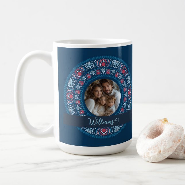 Personalized Family Portrait Blue Festive Mandala Coffee Mug (With Donut)
