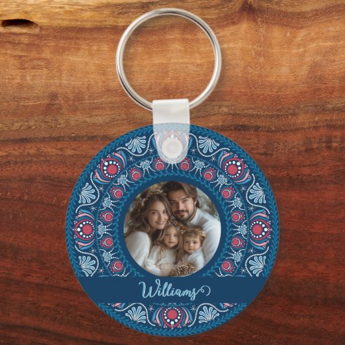Personalized Family Portrait Blue Festive Mandala Keychain