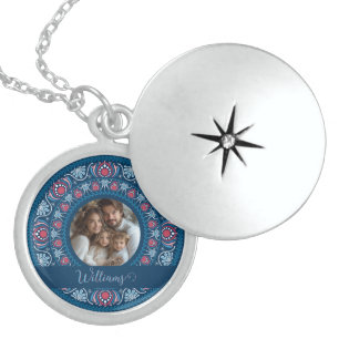 Personalized Family Portrait Blue Festive Mandala Locket Necklace