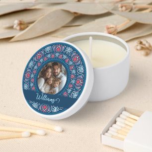 Personalized Family Portrait Blue Festive Mandala Mini Candle Favors