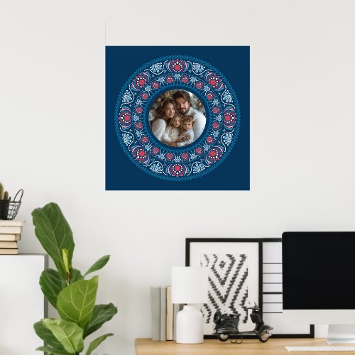 Personalized Family Portrait Blue Festive Mandala Poster