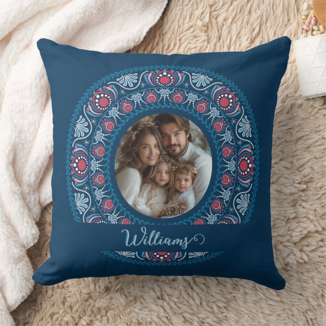 Personalized Family Portrait Blue Festive Mandala Throw Pillow (Blanket)