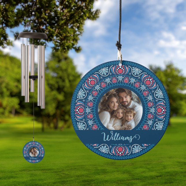 Personalized Family Portrait Blue Festive Mandala Wind Chime (Outdoor)