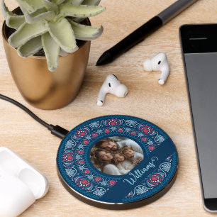 Personalized Family Portrait Blue Festive Mandala Wireless Charger