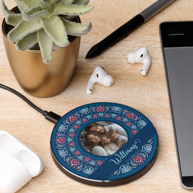Personalized Family Portrait Blue Festive Mandala Wireless Charger (Desk 2)
